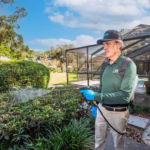 Man spraying in bushes with pipe
