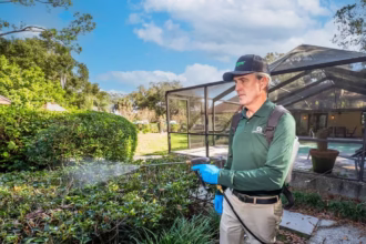 Man spraying in bushes with pipe