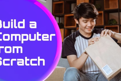Young man unboxing computer parts with “how to Build a Computer from Scratch” text for beginner PC setup guide