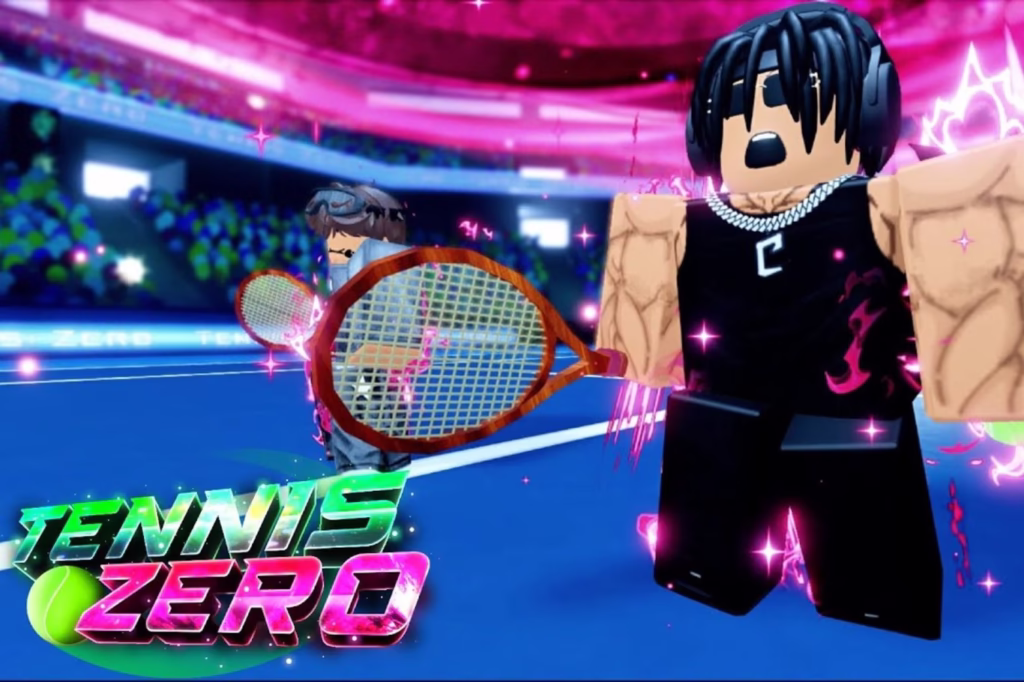 Tennis Zero Codes (February 2026) 25 Roblox Tennis Zero gameplay showing player holding a tennis racket with special effects and Tennis Zero logo