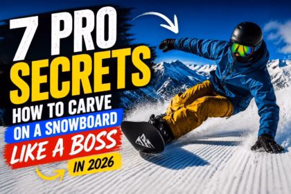 Professional snowboarder carving through fresh snow with expert technique, showcasing 7 pro snowboard carving secrets for 2026.