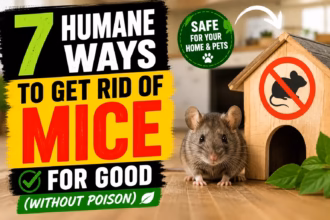 Mouse beside a humane trap illustrating seven safe and poison-free methods to get rid of mice permanently without harming pets.