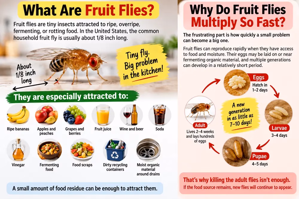 How to Get Rid of Fruit Flies in the Kitchen: 10 Easy Ways That Actually Work 25 Fruit fly attracted to ripe fruit and fermenting food in a kitchen